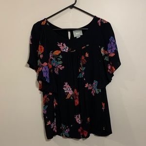 Maeve black multi-color floral short flutter sleeves top XL